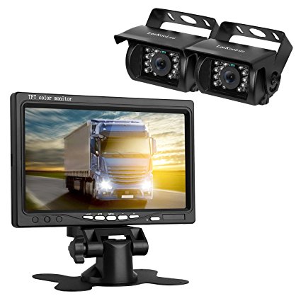 LeeKooLuu Backup Camera and TFT Monitor Kit 2 Rear View Cameras Night Vision Waterpoof & 7" Dispaly Dual 50 ft RCA Cables Single Power Rear view / Full time View for Bus/Truck/Trailer/RV/ Campers