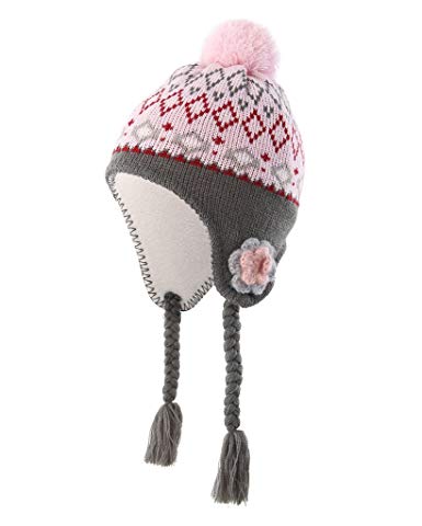 Home Prefer Toddler Girls Hats with Fleece Lining Pink Flowers Knit Earflaps Hat