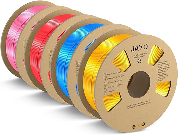 3D Printer Silk Filament Bundle, JAYO Silk PLA Filament 1.75mm, Dimensional Accuracy  /- 0.02mm, Neatly Wound Filament, 4 Pack, Silk Filament 4.4KG in Total, Blue Light Gold Pink Red