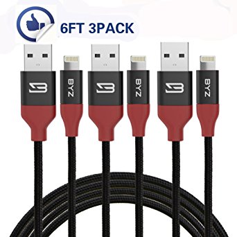 BYZ Lightning Cable 6ft/1.8m IPhone Charger Nylon Braided USB cable Sync & Charging Cord for iPhone 7 Plus 7 6S Plus 6 Plus SE 5S 5C 5, iPad 2 3 4 Mini, iPad Pro Air, iPod [3 PACK]