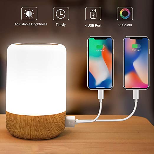 Table Lamp Touch Night Light - 4 Quickly Charge USB Port Bedside Lamps with Dimming Warm White Light 13 Colors RGB Table Lamp for Bedroom Living Room Office Hallways (Wood)