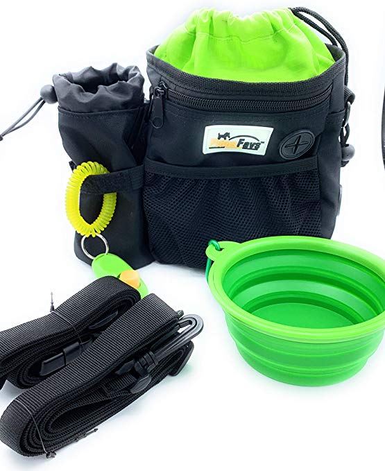 FidosFavs Dog Walking Pouch, Training Clicker, Bottle Bag, Collapsible Bowl, Shoulder & Waist Strap, Zip Out Treat Pouch, XL Zipper Pocket, Mesh Pocket and Small Side Zip Pocket for Waste Bags.