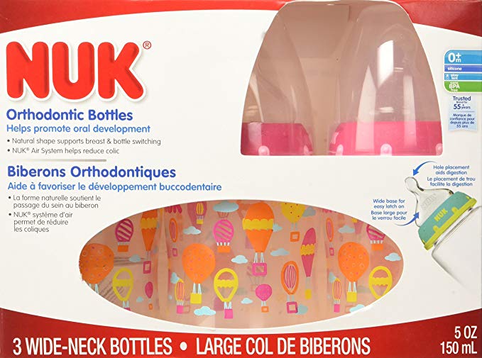 NUK Orthodontic Silicone BPA Free Nipple Bottle, 3-Pack, 5-Ounce , Colors May Vary