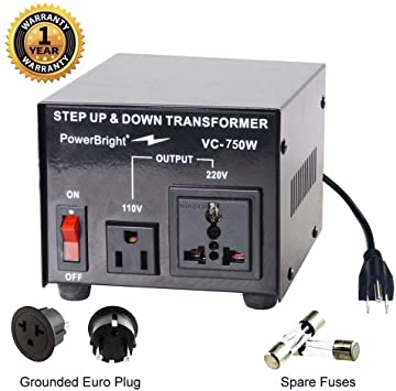 PowerBright 750 Watts Voltage Transformer, Step Up Step Down Power Converter, Used in 110 Volts and 220V Countries, Converts 220V to 110V and 110V to 220V - Fuse Protected, Universal Outlet Socket