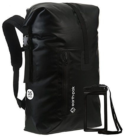 Earth Pak Waterproof Backpack: 35L / 55L Heavy Duty Roll-Top Closure with Easy Access Front-Zippered Pocket and Cushioned Padded Back Panel for Comfort; IPX8 Waterproof Phone Case Included