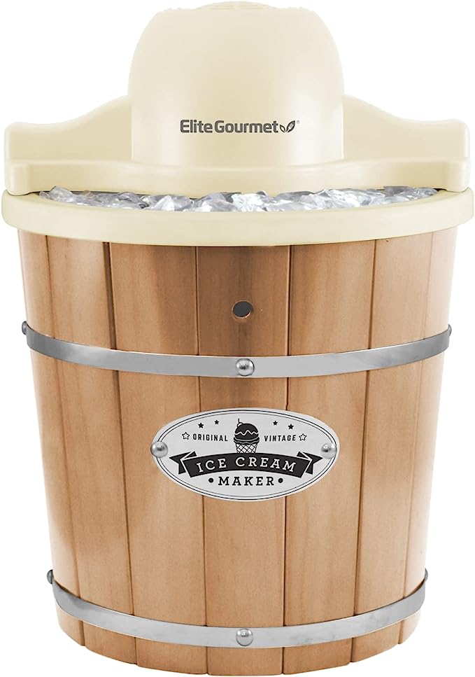 Elite Gourmet EIM-924L## 4 quart Old Fashioned Vintage Appalachian Wood Bucket Electric Ice Cream Maker Machine with Leak-Proof Liner, Uses Ice and Rock Salt Churns Ice Cream in Minutes, 4 Qt, Pine