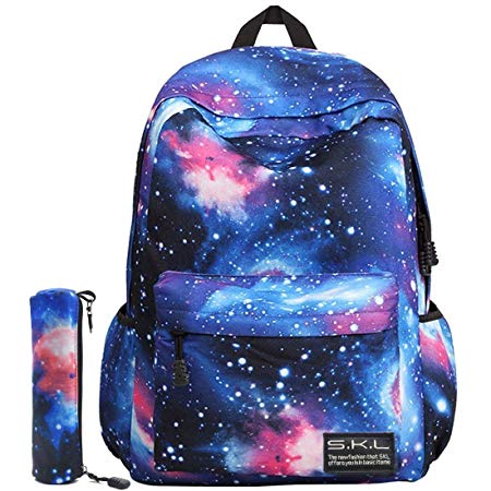 Galaxy School Backpack, SKL School Bag Student Stylish Unisex Canvas Backpack Book Bag Rucksack Daypack for Teen Kids (Blue with Pencil Bag)