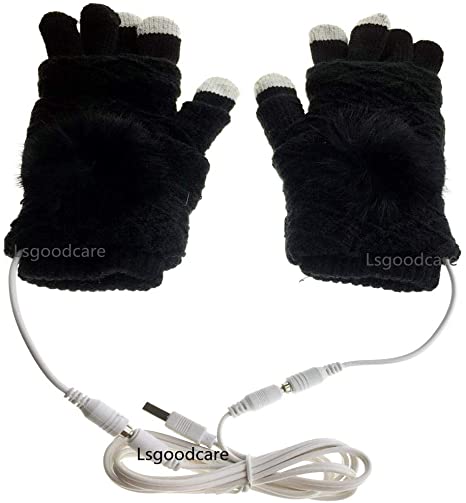 Lsgoodcare Black USB Fingerless Finger Heating Knitting Wool Hands Warm Gloves, Winter USB Powered Heated Touching Glove for Women Girls, Men Boy USB Glove Hand Warmers Great for Christmas