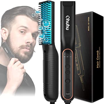 Ionic Beard Straightener for Men, Ohuhu Electric Beard and Hair Straightener Brush, Heating Beard Straightening Comb with Anti-Scald Feature, Hair Styler Electric Hot Comb for Home, Salon and Travel