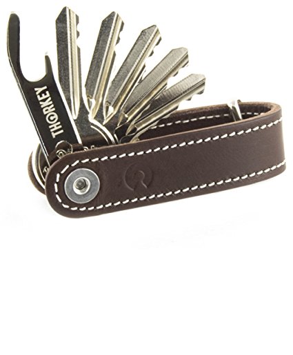 Leather Compact Key Holder By ThorKey - Durable Premium Quality Leather - Secure Locking Mechanism - Up To 8 Keys & Tools - Smart Practical Design Key Organizer - Bottle opener included - stitched