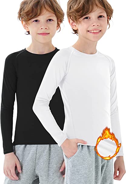 2 Pack Youth Boys Thermal Compression Shirts Long Sleeve Fleece Baselayer Soccer Baseball Running Base Layer Undershirt