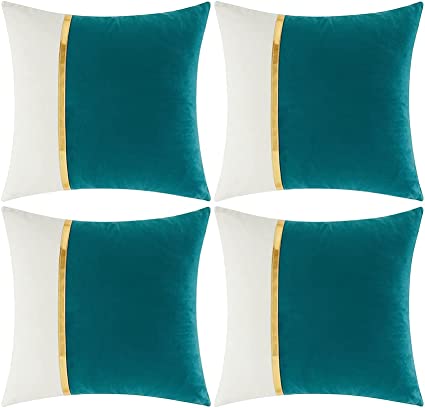 Fancy Homi 4 Packs Teal Decorative Throw Pillow Covers 18x18 Inch for Living Room Couch Bed Sofa, Teal and White Velvet Patchwork with Gold Leather, Luxury Home Decor Square Cushion Case 45x45 cm