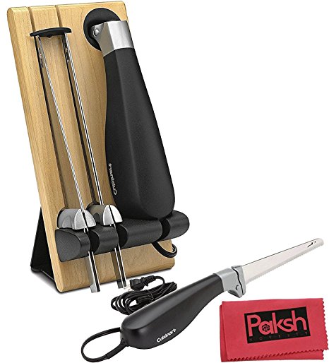 Kitchen Knife Bundle - High-Powered Electric Knife [4 Piece Set] Wooden Knife Block Storage Tray, Heavy Duty Motor & 7.75" x 1" Stainless Steel Blade - Bundled with Cloth