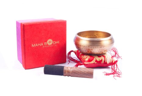 Maha Bodhi Tibetan Meditation Singing Bowl 4 Inch Set - Exquisite Resonance Sound for Relaxation and Healing - 100 % Hand Hammered With Buddha Figure Embossed