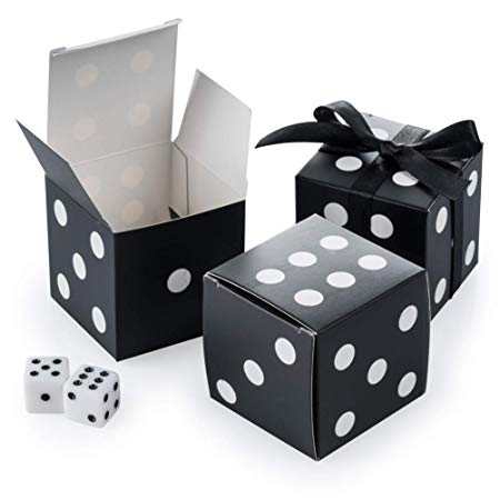 AWELL Black Dice Favor Box Bulk 2x2x2 inches with Black Ribbon, Casino Party Decoration, Pack of 50