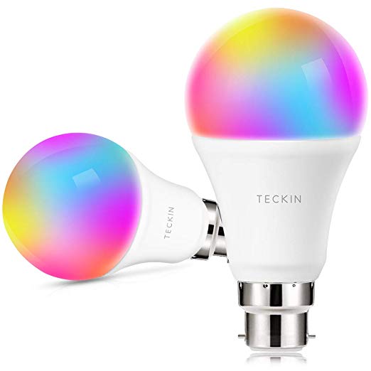 Smart LED Light Bulb WiFi B22 Bayonet Dimmable and Multicolor Works with Alexa, Echo, Google Home and IFTTT, No Hub Required, TECKIN A19 60W Equivalent RGB Bulb 7.5W, with Schedule Function, 2 Pack