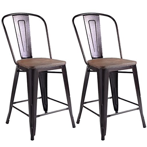 Costway Copper Set of 2 Tolix Style Metal Dining Chairs with Wood Seat Stackable Industrial Cafe Side Chairs (Height 23.6")