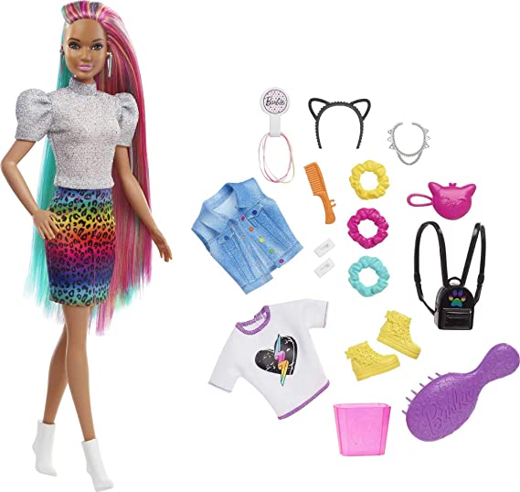 Barbie Leopard Rainbow Hair Doll (Brunette) with Color-Change Hair Feature, 16 Hair & Fashion Play Accessories Including Scrunchies, Brush, Fashion Tops, Cat Ears, Cat Purse & More