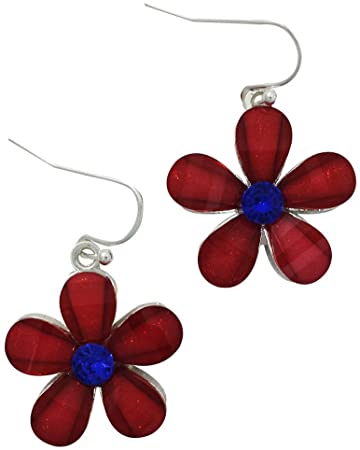 Fashion Jewelry Silver Plated Red Patriotic Crystal Five Star Earrings with Blue Crystal Center, Hypo Allergeni