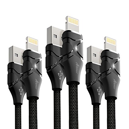 Aimus 3 Pack [4FT 4FT 6FT] Cotton Braided Lightning to USB Cable iPhone Charger Connetor Lead with Led Light for iPhone X 8 Plus 7 Plus 6S Plus 6 Plus SE 5S 5C, iPad Mini 2 3 4 Air IOS11 (4FT 4FT 6FT, Black)