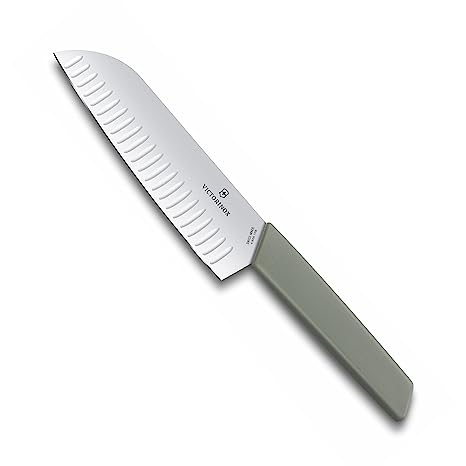 Victorinox Swiss Modern Stainless Steel Santoku Knife - Chopping Knife with Fluted Edge for Kitchen Use, Olive Green, 17 Cm, Swiss Made