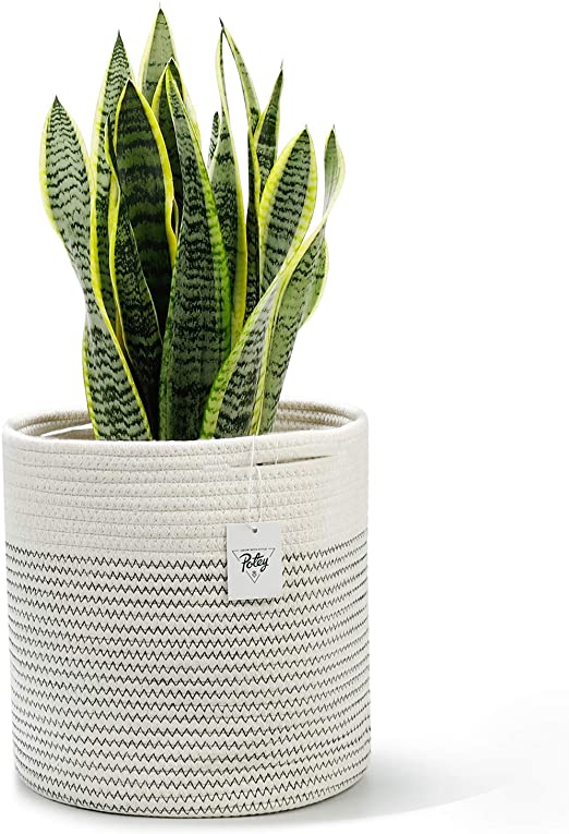 POTEY 700201 Cotton Woven Rope Plant Basket Modern Indoor Decorative Planter Up to 10 Inch Pot Woven Storage Organizer with Handles Home Decor, 11" x 11", Cream White and Black Stitching