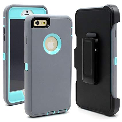 Hybrid Rubber Plastic Impact Defender Rugged Hard Case ,iPhone 6/6S (4.7 inch) Protective Case, Screen Protector Built-in ,With Belt Clip Holster,Gray/Light Blue