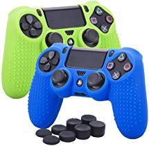 YoRHa Studded Silicone Cover Skin Case for Sony PS4/slim/Pro Dualshock 4 controller x 2(blue green) With Pro thumb grips x 8