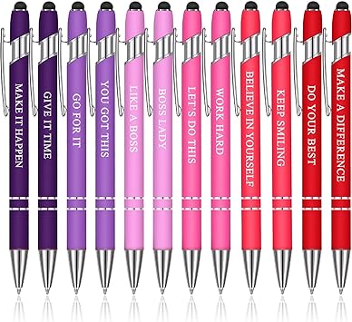 12 Pieces Quotes Pen Inspirational Ballpoint Pen with Stylus Tip Motivational Messages Metal Black Ink Encouraging Pen (Boss Lady, Pink Purple Colors)