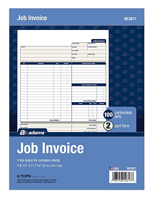 Adams Job Invoice Forms, 2-Part Carbonless, for Service and Repair Billing, 100 Individual Sets Per Pack (NC2817)