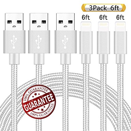 Zcen Lightning Cable, 3Pack 6Ft Nylon Braided Cord iPhone Cable to USB Charging Charger for iPhone 7, Plus, 6, 6S, SE, 5S, 5, 5C, iPad, iPod (Silver)