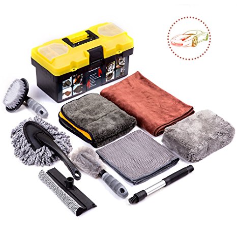 Mofeez 9pcs Car Cleaning Tools Kit With Blow Box Car Vent Brush Tire Brush Wash Mitt Sponge Wax Applicator Microfiber Cloths Window Water Blade Brush