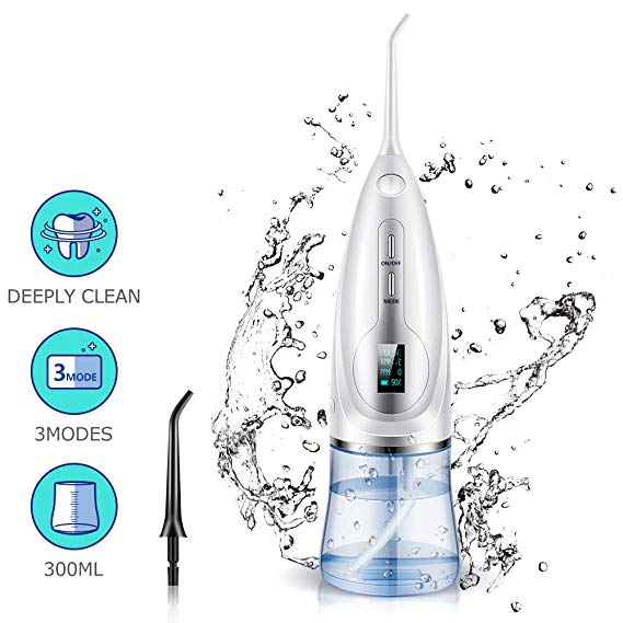 Water Flosser, Portable Cordless Oral Irrigator for Teeth 3 Cleaning Modes 300 ML Detachable Tank Waterproof 360°Rotation Jet Nozzles Deep Clean Rechargeable USB Cable Included for Home Travel