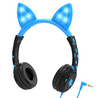 iClever Kids Headphones Over Ear, Cat-Inspired Ears, Wired Headsets 85dB Volume Limited, Food Grade Silicone, LED Flashlight, 3.5 mm Aux Cable, Headphones for Children, LED-Blue (New-LEDB)