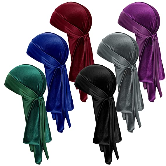 6 Pieces Velvet Durag Cap for Men and Women Soft Velvet Durag Headwraps with Long Tail and Wide Straps for 360 Waves (Purple, Dark Blue, Black,Grey, Green, Wine Red)