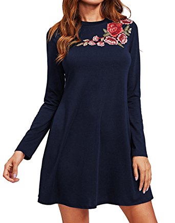 Romwe Women's Short Sleeve Loose Casual Tunic Swing T-Shirt Dress Floral Patch