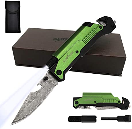 ALBATROSS 6-in-1 Modern Damascus Steel Folding Pocket Knives with LED Light,Seatbelt Cutter,Glass Breaker,Magnesium Fire Starter,Bottle Opener;Multi-Function Emergency Tool