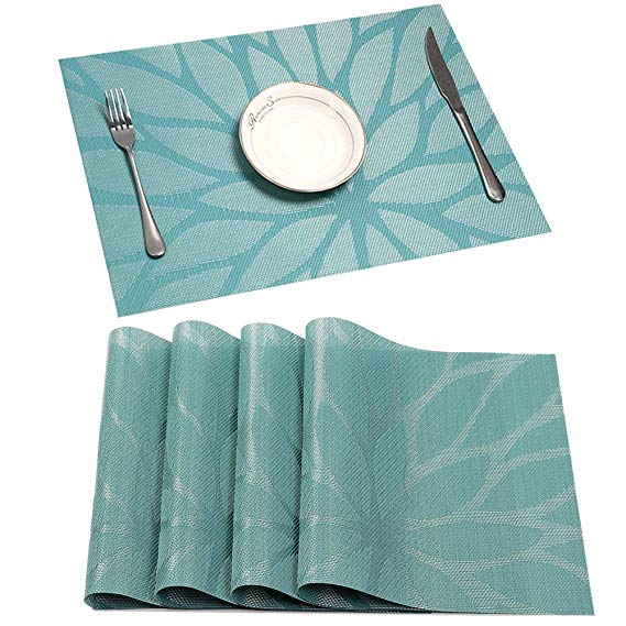 HEBE Placemats Set of 4 Heat Resistant Placemat for Dining Table Indoor Outdoor Washable Crossweave Woven Vinyl Kitchen Table Mats(4, Blue)