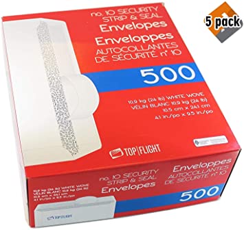 Top Flight PSTF10NWT #10 Envelopes, Strip & Seal, Security Tinted, White Paper, 24 lb, 500 Count - 5 Pack