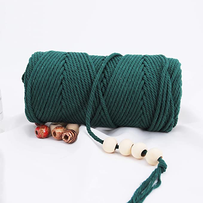 Macrame Cord 4mm 100m Cotton Rope 1 Pack Deep Green, Natural Cotton Rope for Colorful Macrame Hand Knitting, 4 Strands Twist Cotton Rope Macrame 4mm for Handmade Colored Wall Hanging Weaving Tapestry