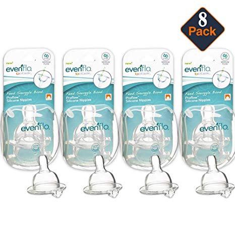 Evenflo Proflow Wide Neck Nipples, 8 Pack -- Medium Flow Level 2, Clear (Compatible with Most Wide Neck Baby Bottles by Mixie; Dr. Browns; Minbie; Pura Kiki; MAM; Phillips Avent; Lansinoh)