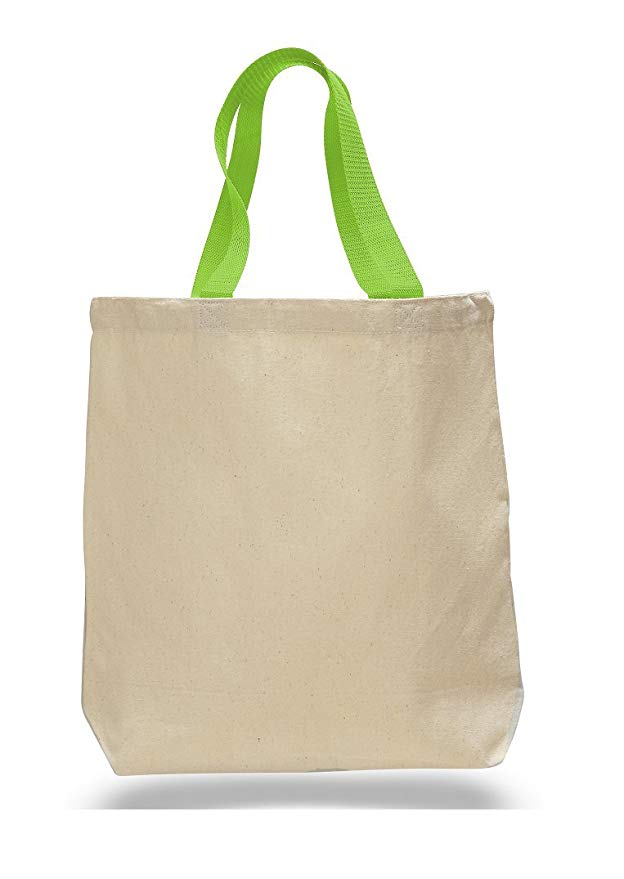 (12 Pack) Set of 12 Cotton Canvas Gusset and Contrasting Handles Tote Bag (Lime)