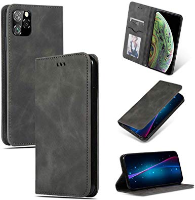 Compatible with iPhone 11 Pro Max 6.5" Case, BasicStock Premium PU Leather Case [Flip Stand/Full Protection/Anti-Slip] Bumper Back Cover for iPhone 11 Pro Max 6.5" (Grey)