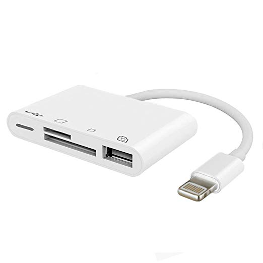 Lightning to SD Card Reader, 4 in 1 Lightning to USB Camera Card Reader for iPhone 5 5s 6 6s 7 7s 8 Plus iPad Mini Air (White)