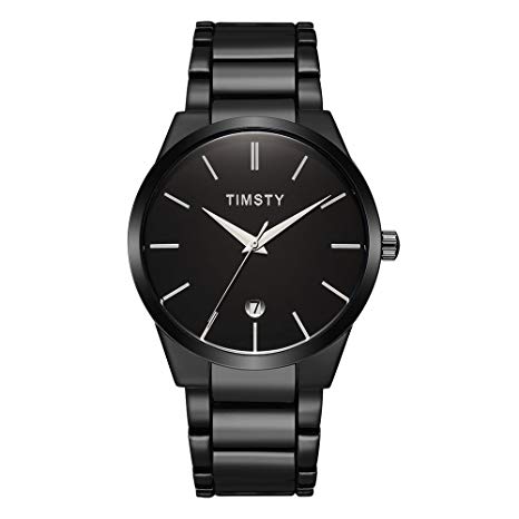 Wrist Watches for Men Black - Timsty Men's Luxury Business Dress Water Resistant Watches with Simple Fashion Design,Calendar and Stainless Steel Strap (Watch Link Pin Remover Included)