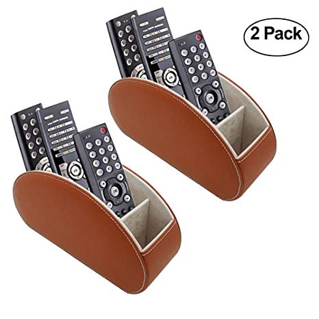 Fosinz Remote Control Holder Organizer Leather Control Storage TV Remote Control Organizer with 5 Spacious Compartments (Brown 2 Pack)