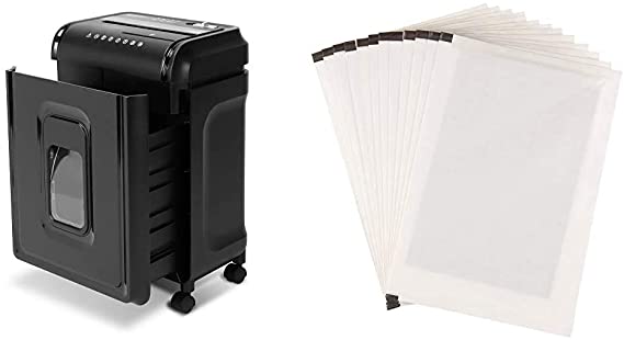 AmazonBasics 8-Sheet High-Security Micro-Cut Shredder with Pullout Basket & Paper Shredder Sharpening & Lubricant Sheets - Pack of 12