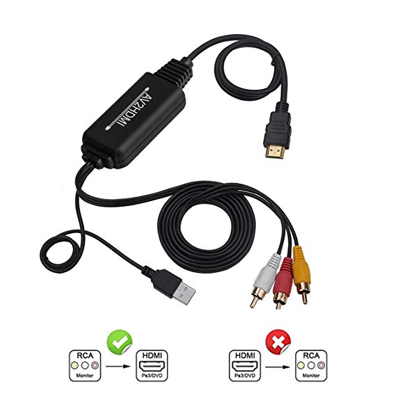 RCA to HDMI Converter Cable, AV to HDMI Adapter Cable Cord, 3RCA CVBS Composite Audio Video to 1080P HDMI Supporting PAL NTSC for PC Laptop Xbox PS3 PS4 TV STB VHS VCR Camera DVD Etc