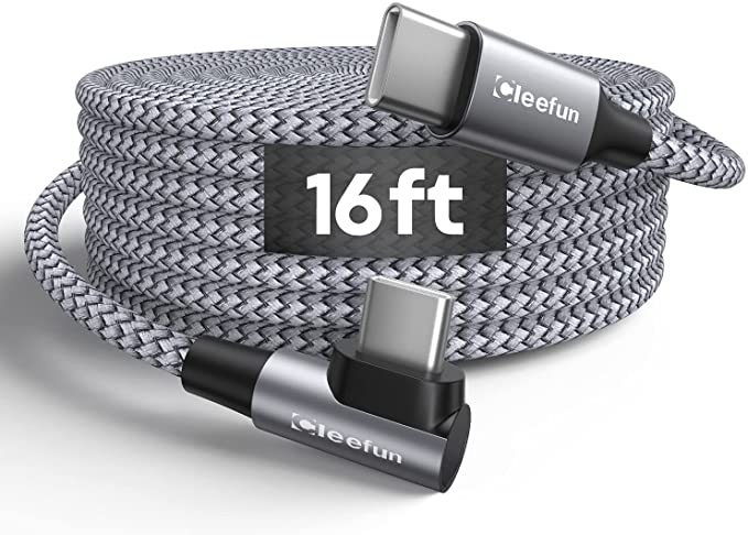 Extra Long USB C to USB C Cable Right Angle, [5m/16ft] CLEEFUN Fast Charge Type C to Type C Charging Cable 90 Degree, 60W PD Charger Cord Nylon Braided for USB-C Phone Pad Tablet Laptop - Grey