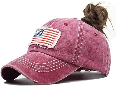 Distressed Ponytail Hat for Women American-Flag Pony Tail Caps High Bun